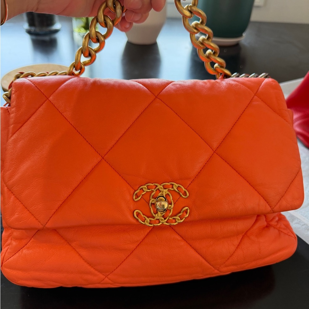 CHANEL Quilted Lambskin Shoulder Bag in Bright Orange with Gold Hardware
